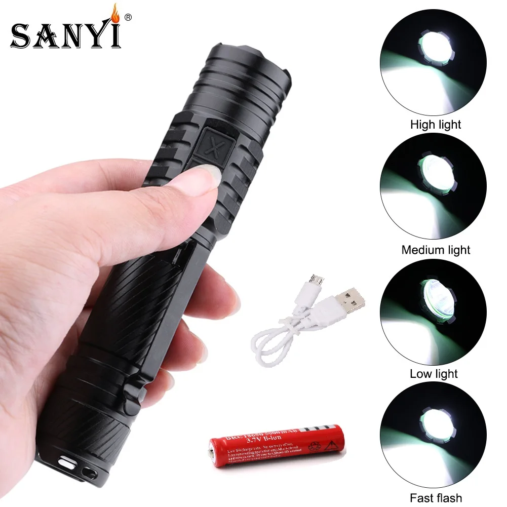 Светодиодный фонарик Sanyi перезаряжаемый через USB XML L2 5 режимов светодиодный