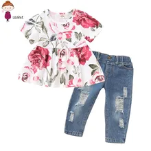 Baby Girls Clothes Set 2PCs Floral Rose Print Tops+Denim Pants Outfits Clothes Set Infantis Baby Girls Clothes Set 2PCs Floral Rose Print Tops+Denim Pants Outfits Clothes Set Infantis