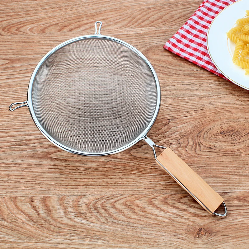 

Kitchen Food Oil Filter Stainless Steel Wire Mesh Strainer With Wooden Handle