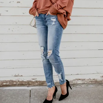 

Sexy Spring New Hole High Waist Jeans Women Vintage Elastic Pockets Tassel Denim Pants Female Casual Pencil Trousers