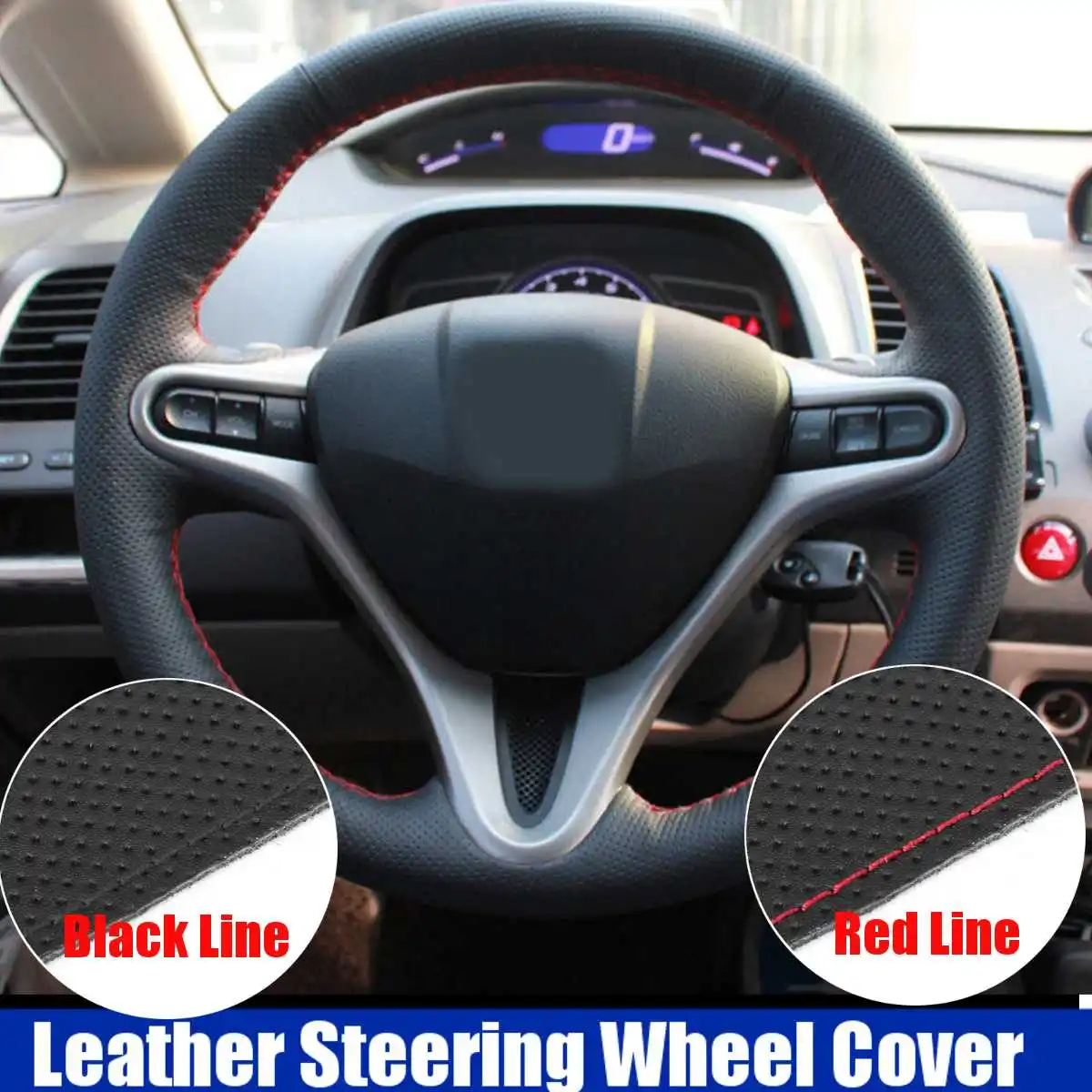 

Black/Red Steering Wheel Cover Genuine Leather DIY Soft For Honda for Civic 2005-2011 8th MK8 models Interior Accessory