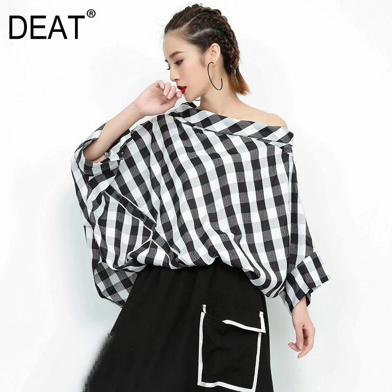 

[DEAT] 2019 New Autumn Winter Slash Neck Three-quarter Sleeve Plaid Split Joint Loose Big Size Shirt Women Bouse Fashion JF938