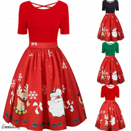 Women's Girls Santa Christmas Dress Short Sleeve Backless Swing Retro ...