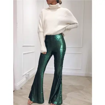 

Women Sequined Boho Hippie High Waist Wide Leg Pants New Fashion Long Flared Bell Bottom Pants