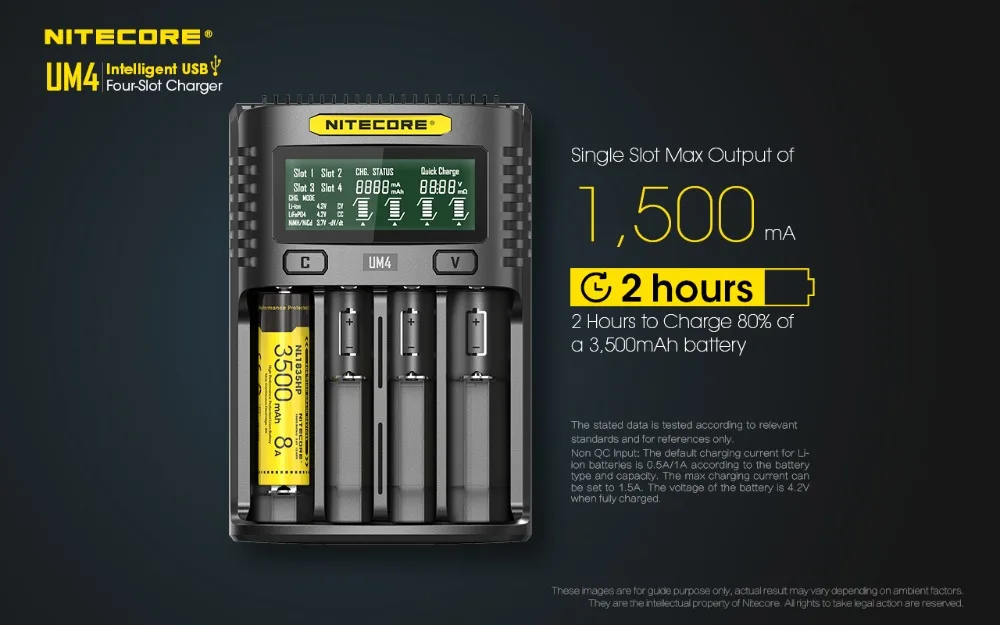 NITECORE UM4 Intelligent USB 4 Slot Charger LCD Display Multiple Input Sources Available for Li-ion/IMR/INR/ICR/LiFePO4 battery