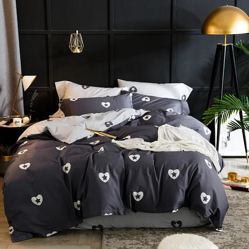 

Egyptian cotton bedding set gray heart stars print brief style bedlinen duvet cover pillowcases bedspreads