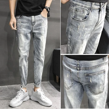 

Spring New Skinny Jeans Men Fashion Wash Tearing Hole Denim Pants Man Slim Fit Hip Hop Streetwear Cowboy Trousers Male Clothes