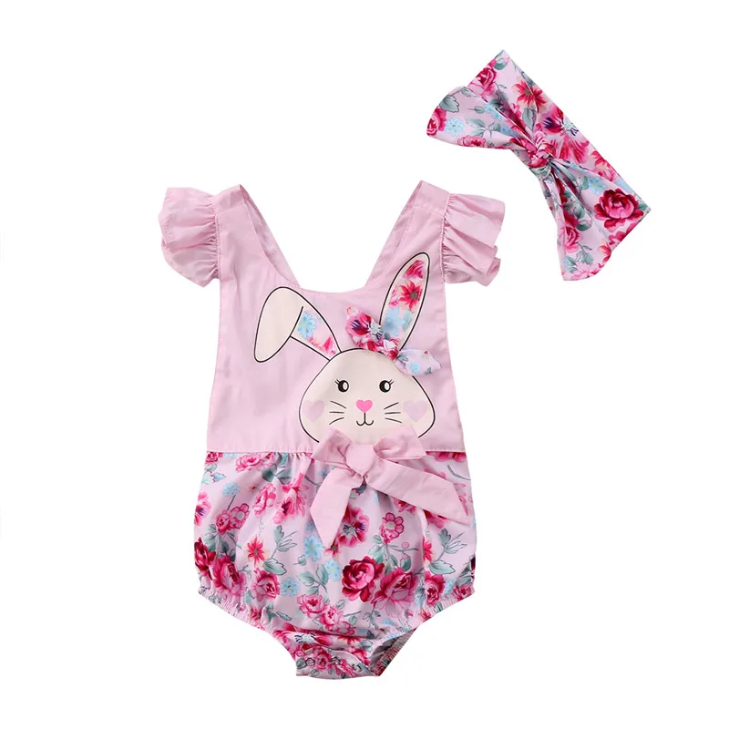 0-24 M малышей Детская одежда для новорожденных девочек кролик печати боди с цветами комбинезон женский пляжный костюм без рукавов милый повязки; одежда лето