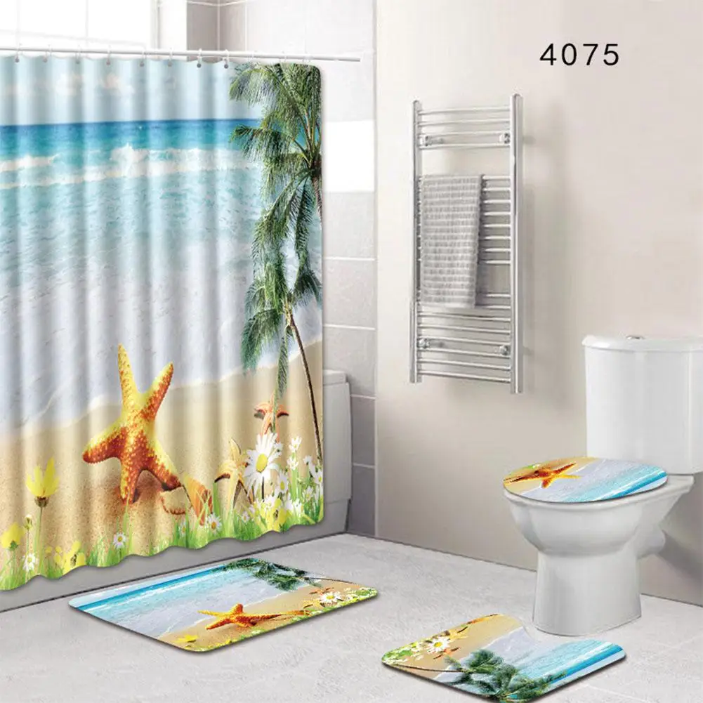 

Adeeing 4Pcs/Set Washable Bathroom Non-Slip Rug Lid Toilet Cover Bath Mat Shower Curtain