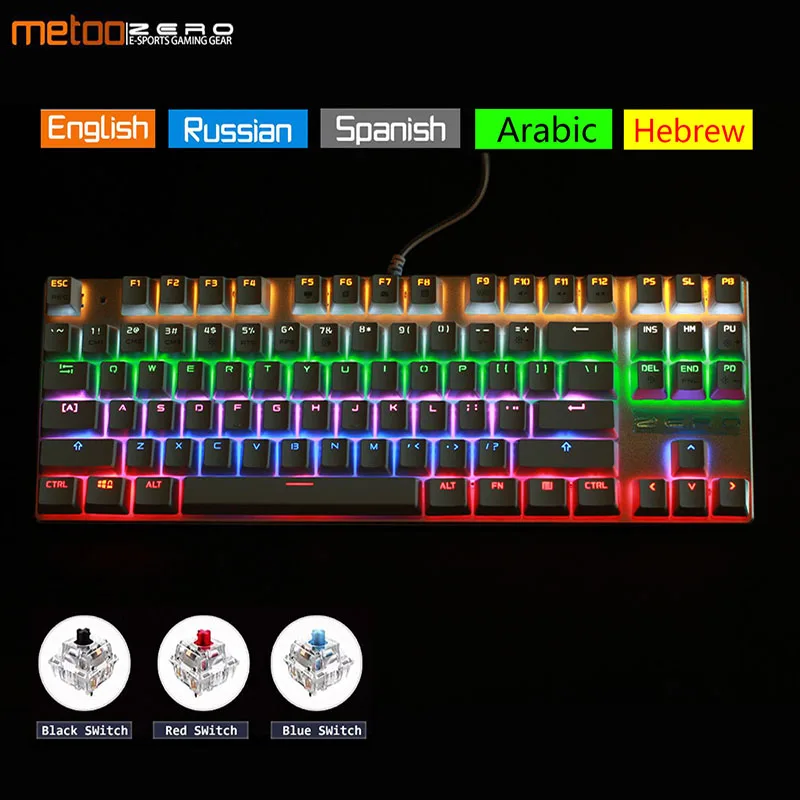 Оригинальная игровая клавиатура Metoo Zero, русская/английская/Иврит/Арабская/испанская механическая клавиатура 87 104 клавиш, проводная usb клавиатура