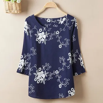 

Fashion Floral EmbroideryBlouse Women Casual Chiffon Linen Shirt Nine Quarter Sleeve Shirt Summer Tops Plus Size 5XL