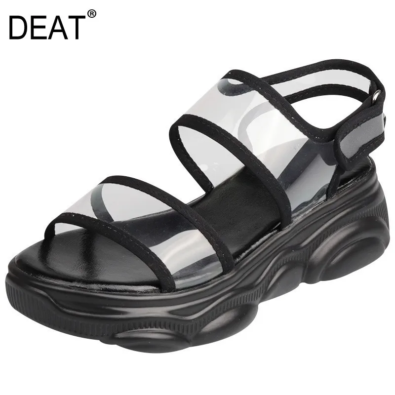 

[DEAT] 2019 New Spring Summer Round Toe Shallow Pu Leather Transparent Buckle Strap Wedges Heels Sandals Women Fashion 10C902