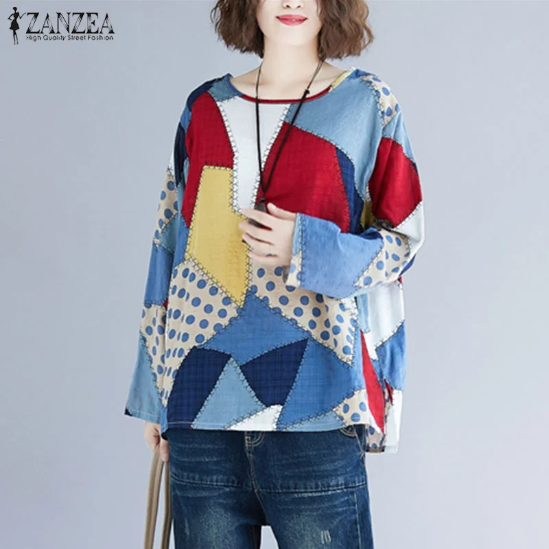 زائد حجم إمرأة بلوزة ZANZEA المرأة طويلة الأكمام خليط قميص مطبوع 2019 الربيع عارضة س الرقبة القطن Blusas السيدات العمل أعلى