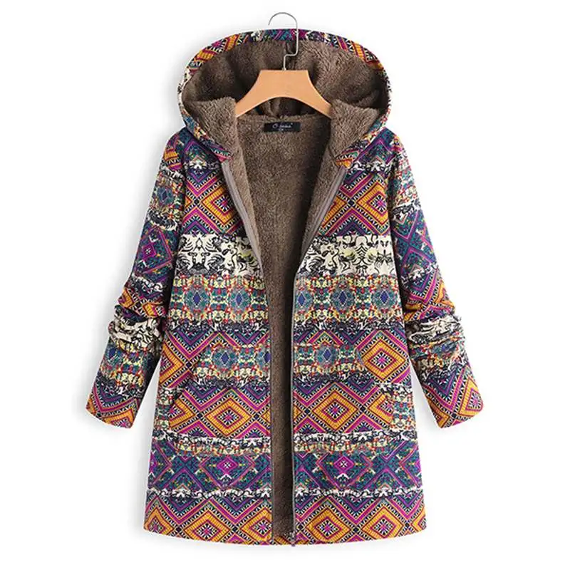 

2019 Plus Size Winter Autumn Women Casual Zipper Fleece Hooded Long Sleeve Vintage Floral Printed Coat Jackets Outwear Female
