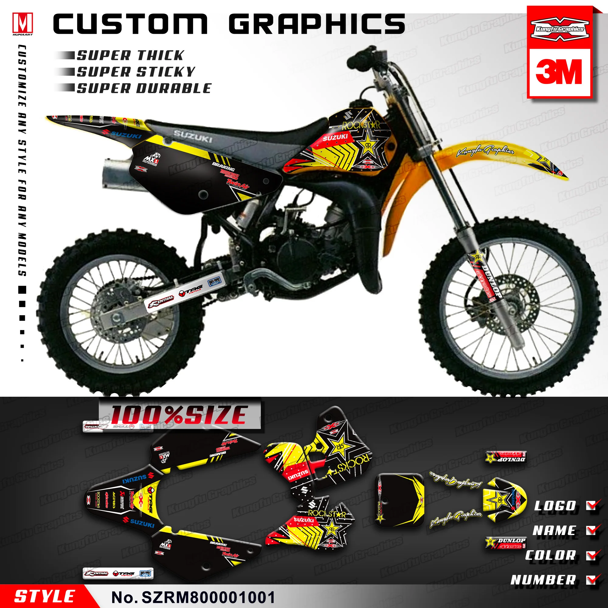 

KUNGFU GRAPHICS Motocross Stickers Dirt Bike MX Decals Kit Vinyl Wraps for Suzuki RM80 RM 80 2000 2001 (Style no. SZRM800001001)