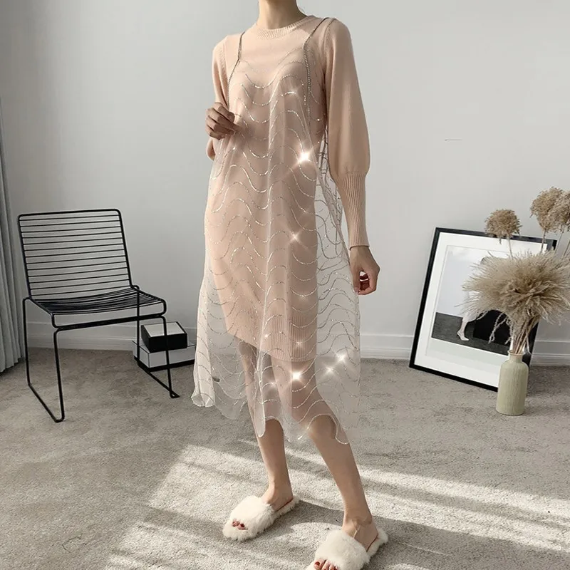 O Lanterne Manches Long Lourd Bretelles Twotwinstyle Printemps De Féminine Robe Deux 2019 Réservoir Perles À Cou Femmes Pink Pièces Costumes Tricoté Longues qXv575wt