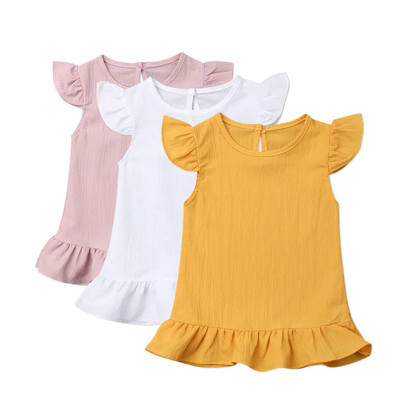 

1-6Y Kids Baby Girls Chiffon Plain Dress Solid Summer Party Dress Fly Sleeve Ruffles Sundress Child Girl Straight Mini Dresse