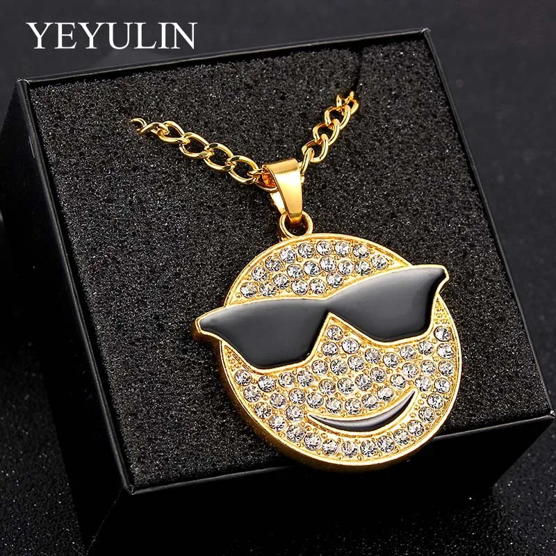 Buy Gold Face With Sunglasses Pendant Necklace Alloy Crystal Long Chain Hip Hop