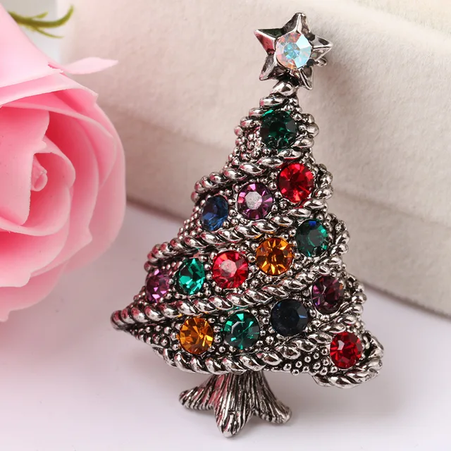 Creative Jewelry Vintage Antique Gold Silver Plated Crystal Alloy Creative Jewelry Vintage Antique Gold Silver Plated Crystal Alloy Brooch Pins Colorful Rhinestone Christmas Tree Brooches