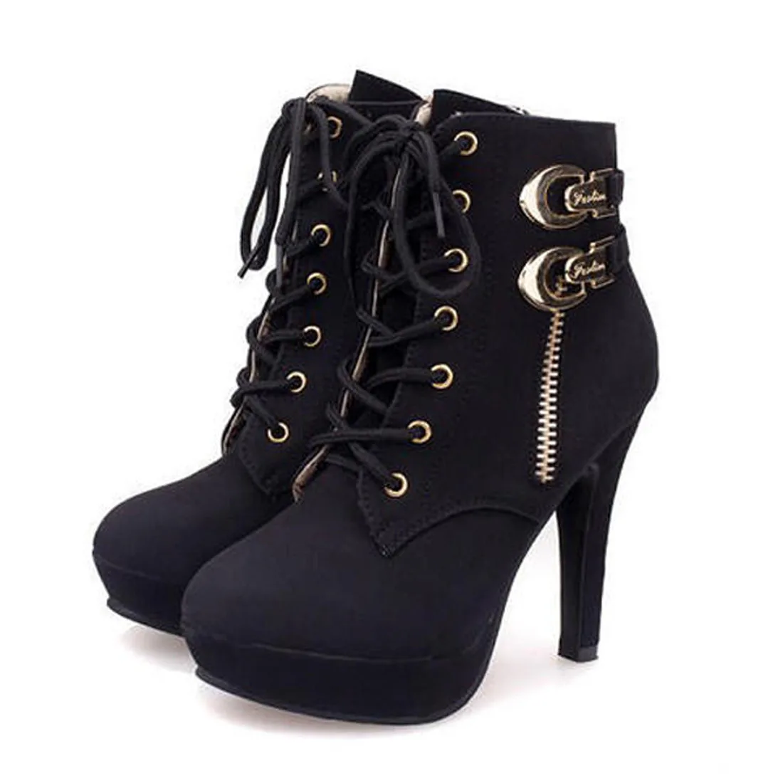 

2019 Spring New Women'S High Heel Stiletto Lace Up Zipper Leather Platform Buckle Hot Charms Fashion Brown Black Ankle Boots