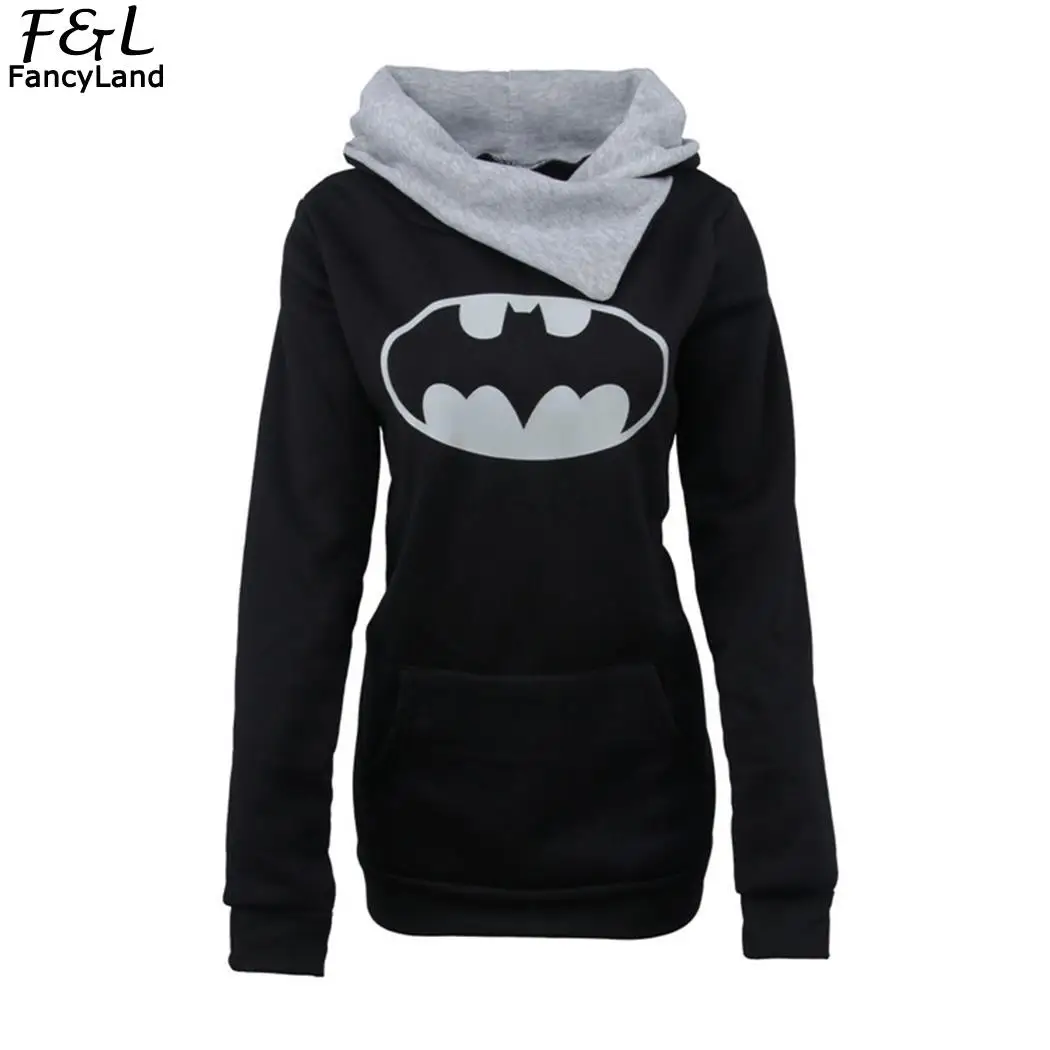 

Long Printing Casual Women Above Collar None Hoodies Sleeve Hooded Pile Logo Black Batman Fashion Knee