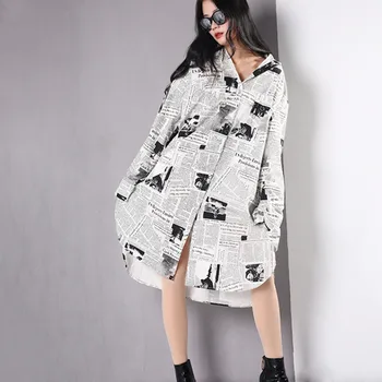 

DEAT 2020 Spring Summer Women Irregular Dollars Newspaper Print Dress Long Lseeve Casual Female Loose Clothes QC87601/JF00800