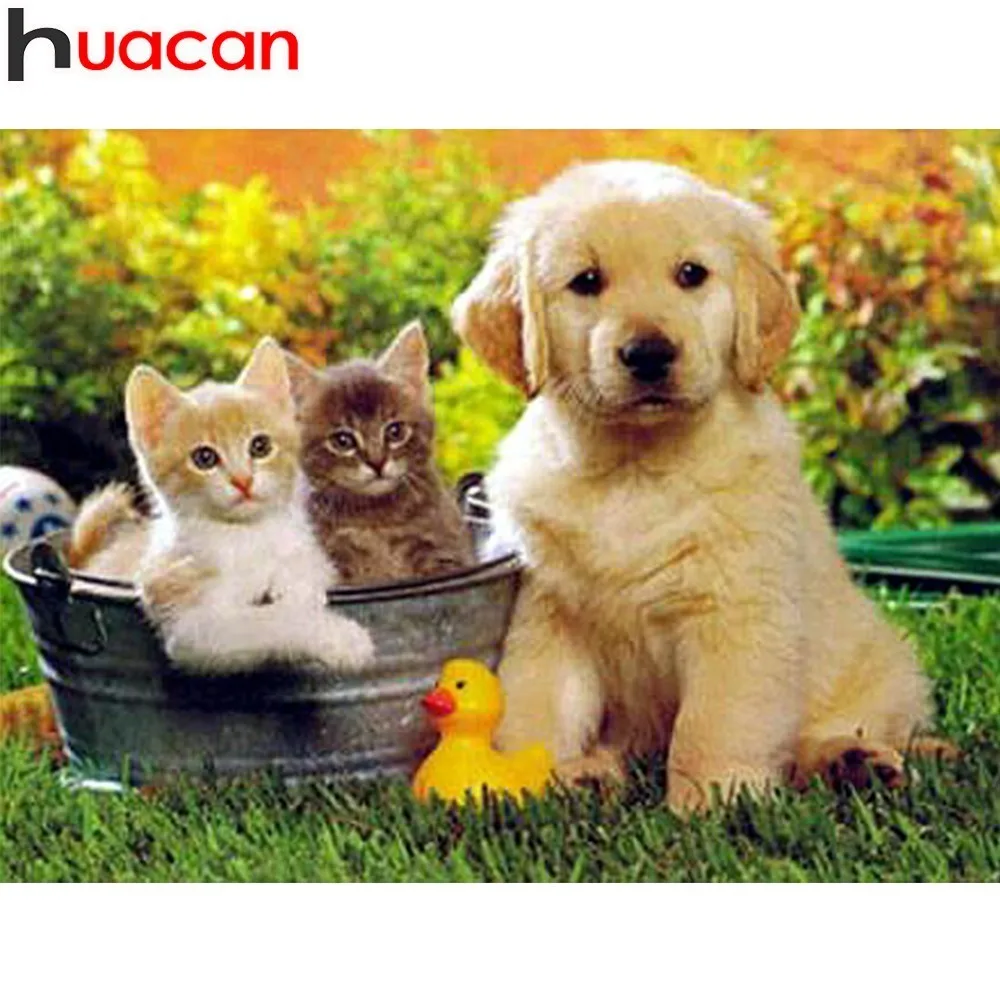 

HUACAN 5D DIY Full Square Diamond Painting Rhinestone Dog And Cat Mosaic Diamond Embroidery Cross Stitch Drill Home Decor Gift