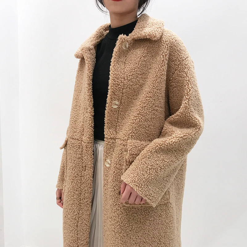 

lamb fur coat commuter long Hepburn wind woolen cloth coat female embroidery