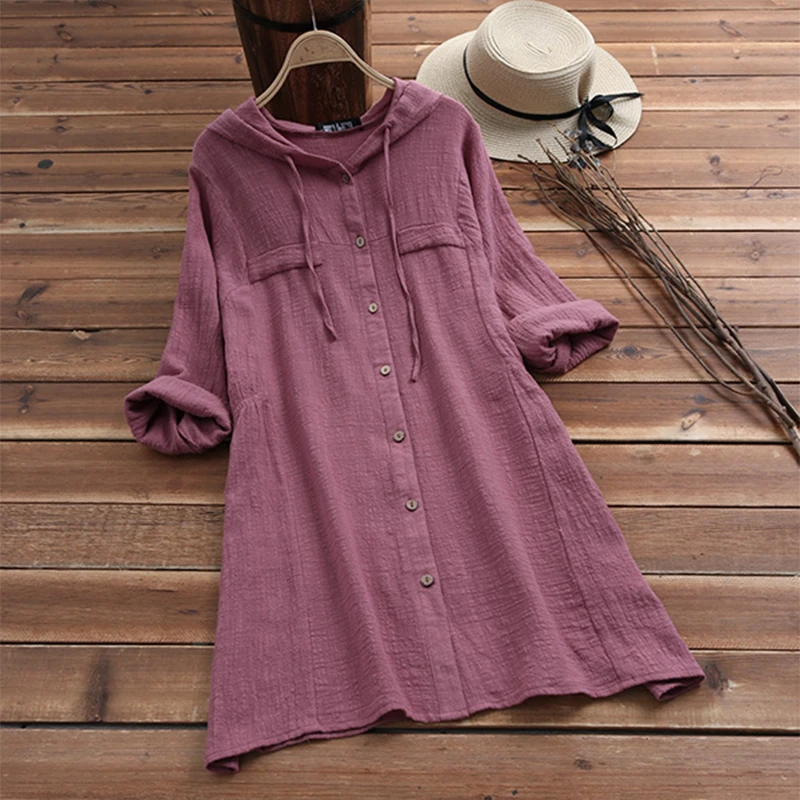 Льняная рубашка размера плюс, женская летняя Осенняя блузка, ZANZEA, рубашки с длинным рукавом, женские асимметричные блузки с пуговицами, туника с капюшоном