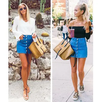 

Fashion Women Ladies Denim Summer Denim Skirt High Waist Bodycon Solid Blue Bandage Slim Button Pencil Short Mini Skirts