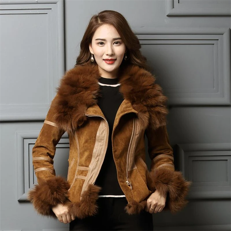 

IANLAN Casual Winter Womens Real Fur Coats with Waistband Real Leather Jacket with Silver Fox Fur Collar & Cuff Trimming IL00005