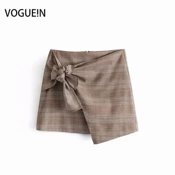 

VOGUEIN New Womens Casual Plaids Checks Print Bow Asymmetrical Zipper Mini Skirt Wholesale