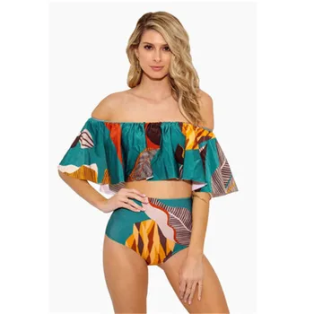 

Bikinis 2019 Women Ruffle Print Bikini Sets Padded Bra Tops Thong Bottoms Swimwear High Waist Swimsuit Set