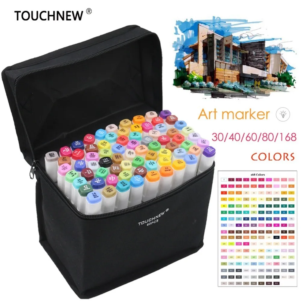 

TOUCHNEW 30 40 60 80 168 Color Art Marker Pen Dual Head Animation Sketch Set Watercolor Brush Pen Liners For Drawing With 6 Gift