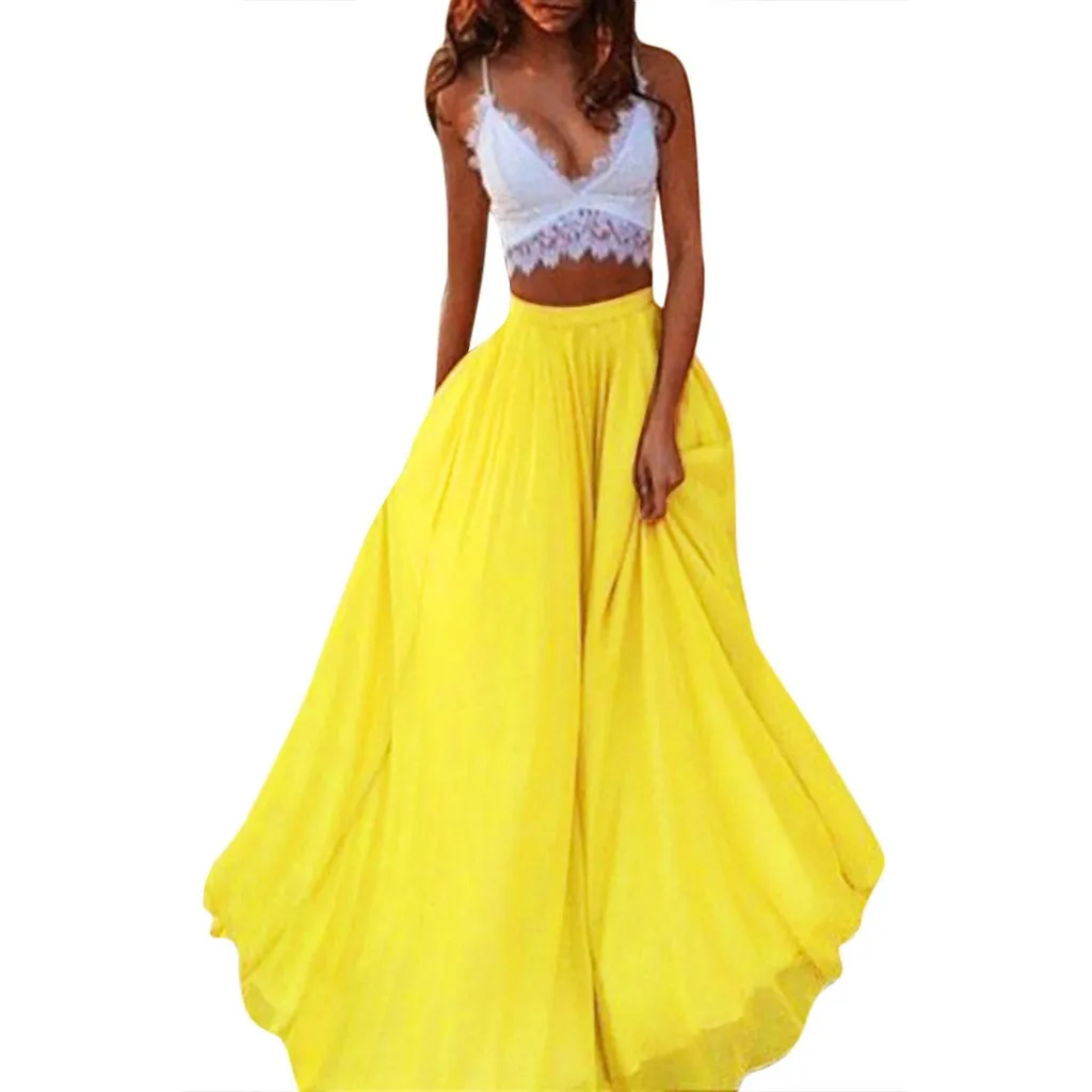 

Fashion Spring Summer Chiffon Skirts Womens Solid Color Beach Casual Long Skirts Women Elegant Skirts