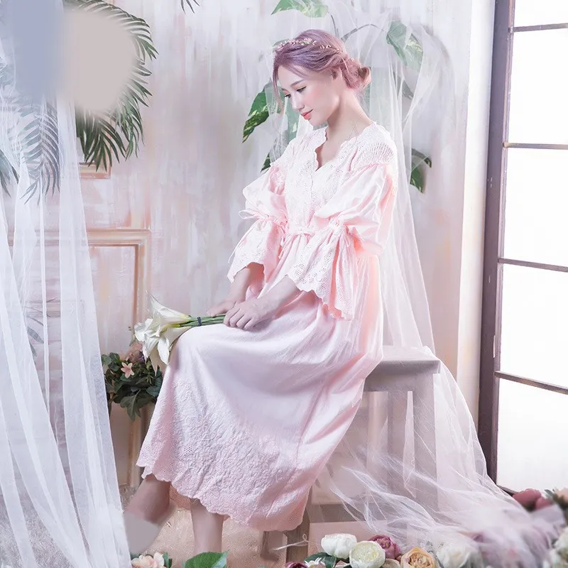 

Vintage Women Nightgown Sleepwear Spring Flare Sleeve Long Sleep Shirts Lace Hollow Out Night Wear Sleep Dress
