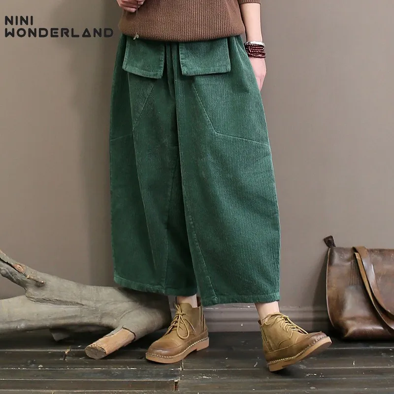 

NINI WONDERLAND 2019 Spring Cotton Corduroy Trousers Women Solid Loose Cross Pants Female Large Size Casual Ankle Length Pants