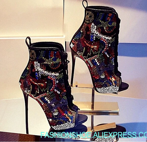 

Sexy Bling Bling Crystal Open Toe Booties Ankle High Heels Lace-up Shoes Lady Real Leather Mixed Color Women Sandals Boots