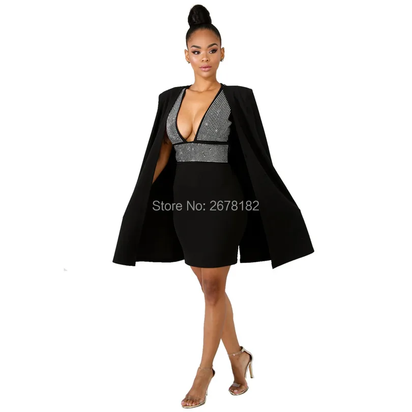 

Black/Red/White/Blue Sexy Plunging V Neck Diamonds Bodycon Dress Night Club Party Backless Mini Dresses with Cloak Plus Size XXL