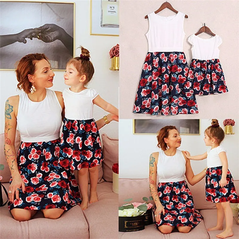 

LILIGIRL Sleeveless Kids Dresses for Girls Summer Family Mother Daughter Matching Clothes Outfits Stitching Mommy and Me Dress