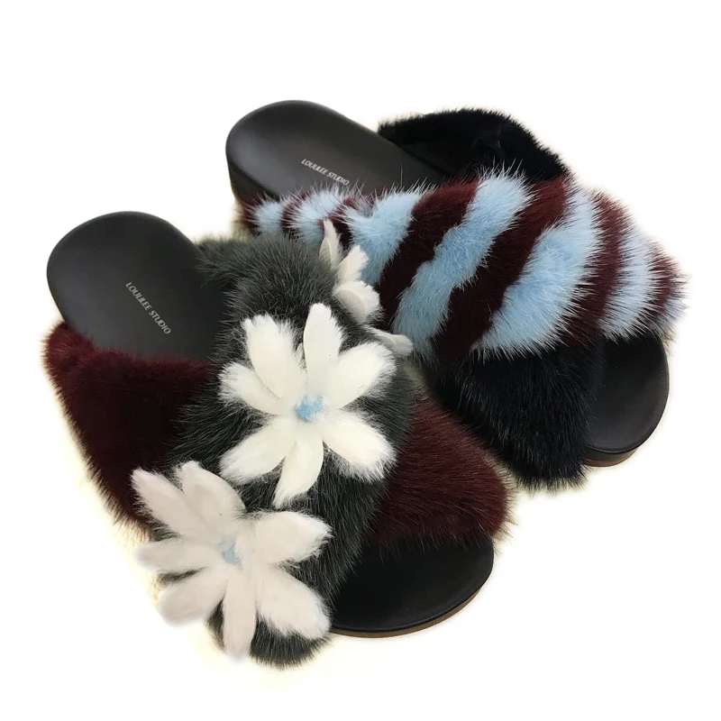 Haar Sandalen Nerz Sommer Pelz Wohnungen Leder Mujer Außerhalb As Frauen Casual Alias Decor Gleitet Luxus Hausschuhe Show Blumen wYzgXX