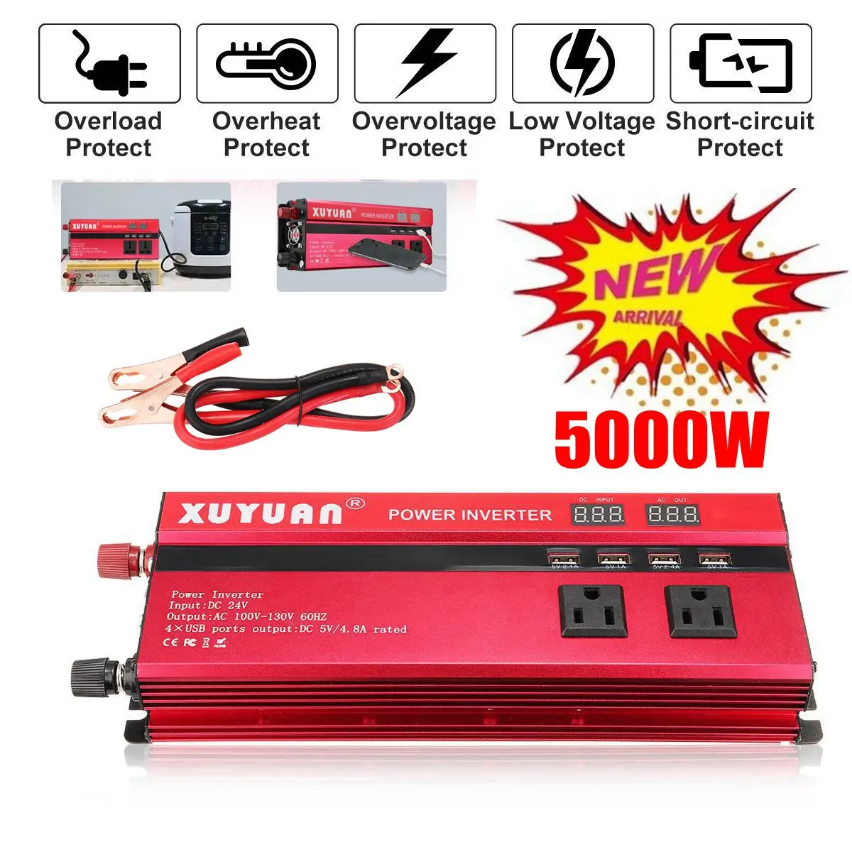 

DC12/24V To AC110V/220V KROAK 5000W Solar Inverter Aluminium alloy Modified sine wave digital display Built-in cooling fan