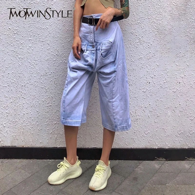 

TWOTWINSTYLE Summer Casual Jeans For Women High Waist Big Size Knee Length Denim Cross-Pants Female 2019 Fashion Clothes