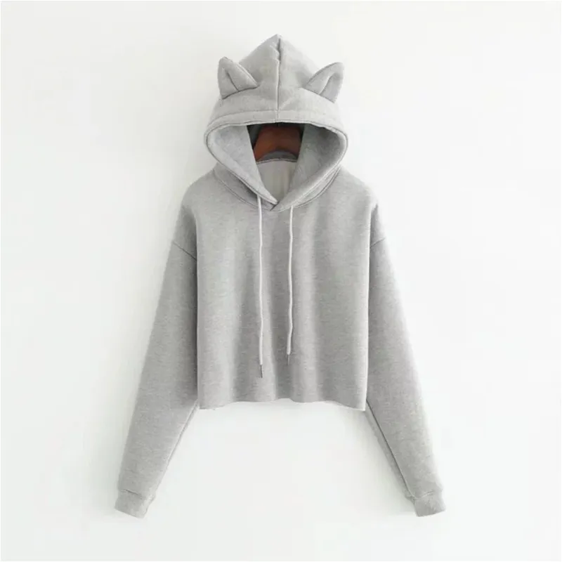 

New Fashion Autumn And Winter Kitten Ears Hooded Sweatshirt Women Short Loose Tops Casual Solid Plus Velvet Lovely Hoodies