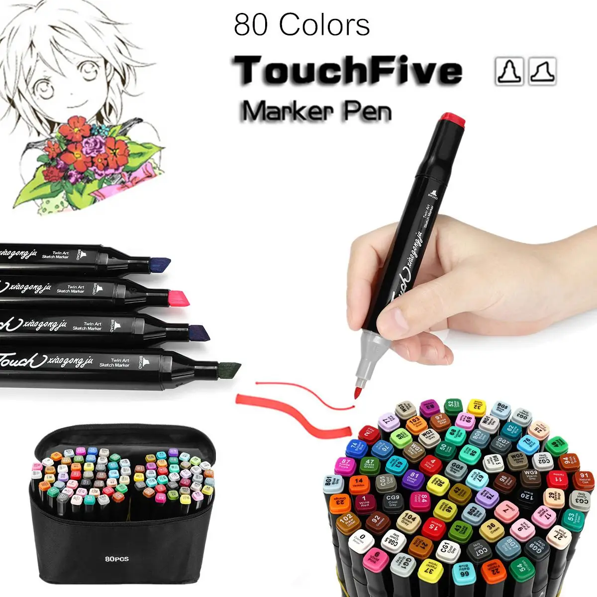 

80 Colors Drawing TouchFive Markers Pen Dual Head Tips Graphic Art Set Gift + Outline Pen Colorful not Fading Round Oblique Tip