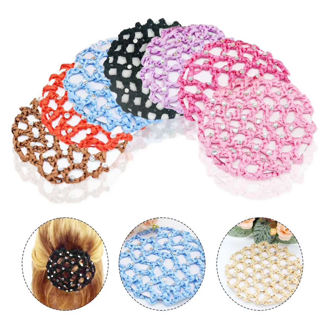 

1Pcs New Women Bun Cover Snood Hair Net Ballet Dance Skating Crochet Chic Rhinestone Beauty Tools festival flower crown