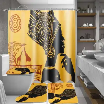 

4pcs/set African Woman Shower Curtain Pedestal Rug Lid Toilet Cover Mat Bath Mat Set Bathroom Curtains with 12 Hooks