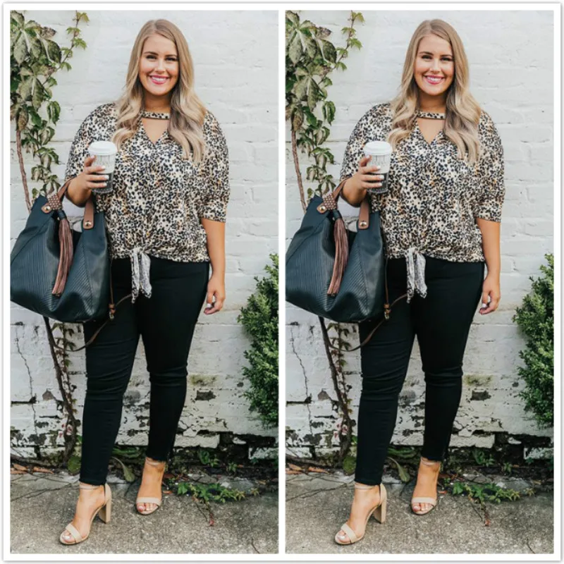 

Plus Size Women Summer Lady Casual Loose Bandage arrival Sexy Leopard Top Half Sleeve Shirt T-shirt 2019
