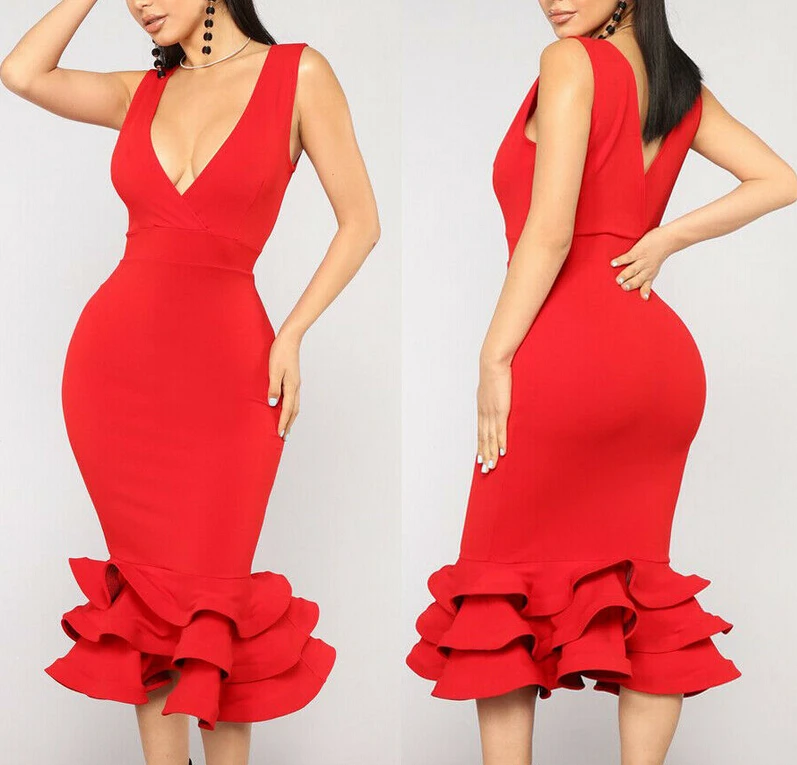 2019 Sexy Lady Red Dress Womens V Neck Ruffle Sleeveless Dress