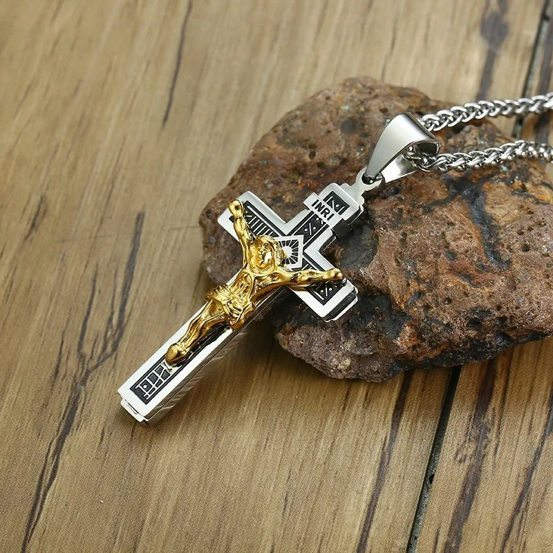 

Two Tone Jesus Christ on INRI Crucifix Stainless Steel Cross Pendant Necklace for Men Catholic Jewelry with 24 inch